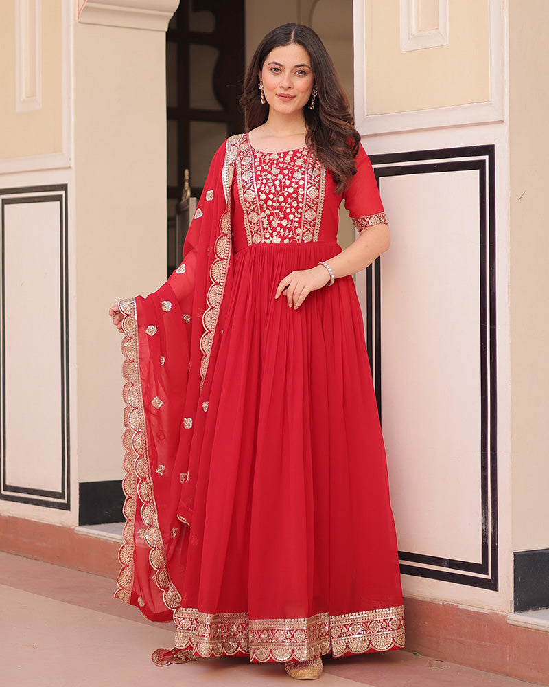 Designer Red Anarkali Gown With Golden Embroidery - ETHNICDEAL