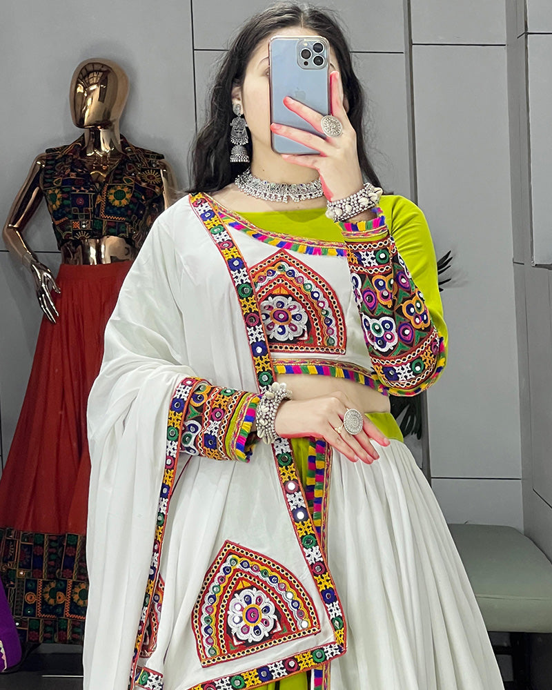 Parrot White Color Pure Rayon Cotton Navratri Lehenga Choli - ETHNICDEAL
