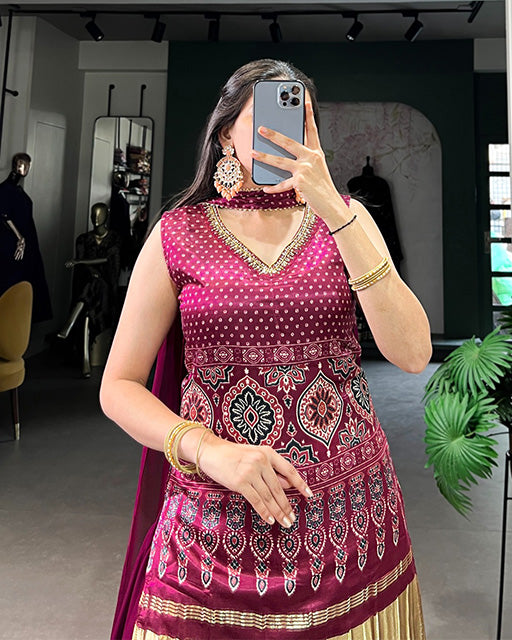 Maroon Color Gaji Silk Three Piece Plazo Suit - ETHNICDEAL