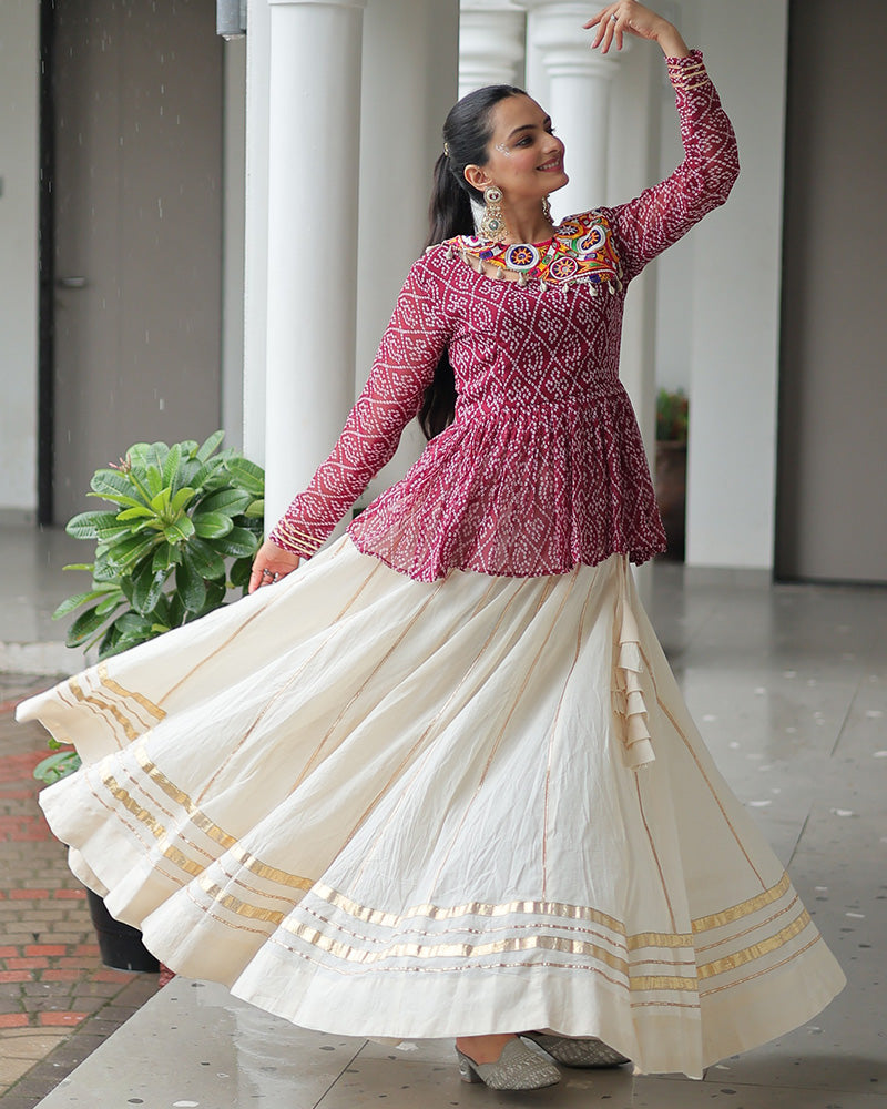 Maroon Bandhani Style Peplum Choli With Kora Cotton Lehenga - ETHNICDEAL