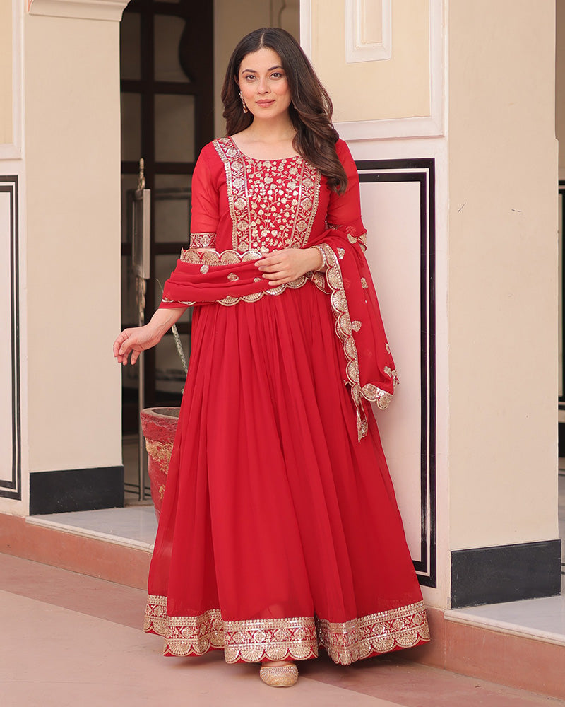 Designer Red Anarkali Gown With Golden Embroidery - ETHNICDEAL