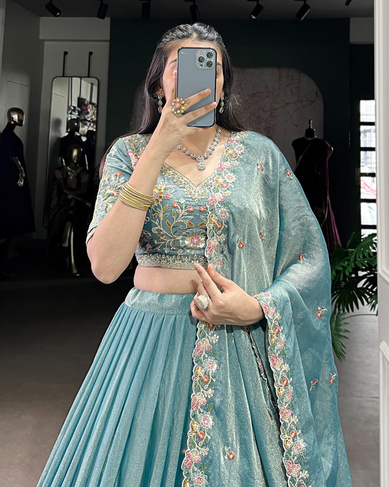 Sky Blue Color Zari Shimmer Thread Embroidered Lehenga Choli - ETHNICDEAL