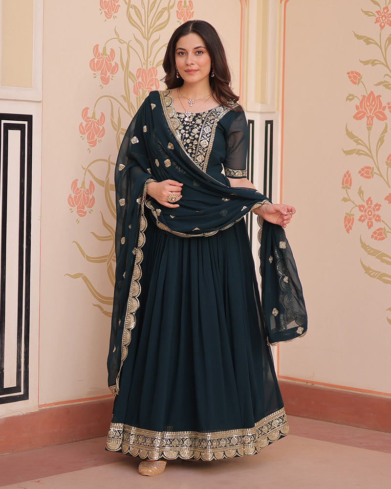 Designer Rama Blue Anarkali Gown with Golden Embroidery - ETHNICDEAL