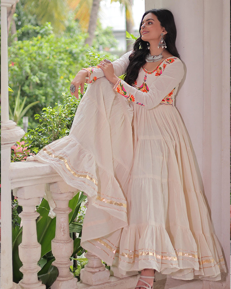 Off-White Kora Cotton Mirror-Embroidered Flared Navratri Gown - ETHNICDEAL