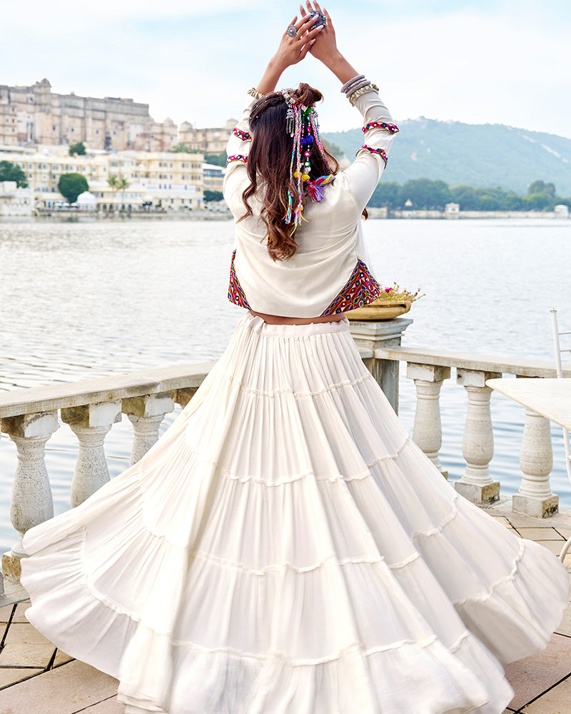 Traditional White Pure Rayon Lehenga Choli for Navratri Festival - ETHNICDEAL