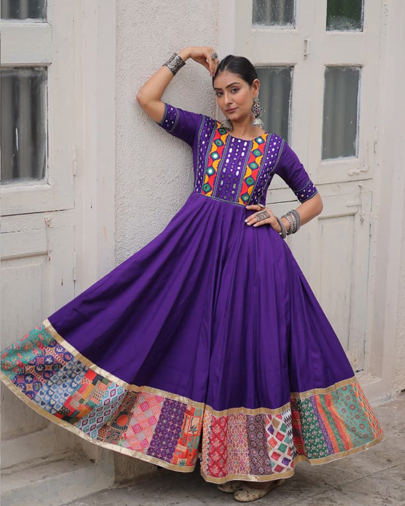 Colorful Border Purple Color Roman Silk Gamthi Work Navratri Gown - ETHNICDEAL
