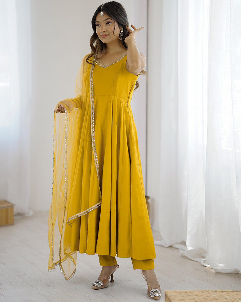 Yellow Color Chanderi Pure Roman Silk Anarkali Suit - ETHNICDEAL