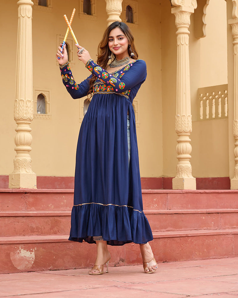 Blue Pure Rayon Embroidered Kurti for Navratri and Garba Wear - ETHNICDEAL