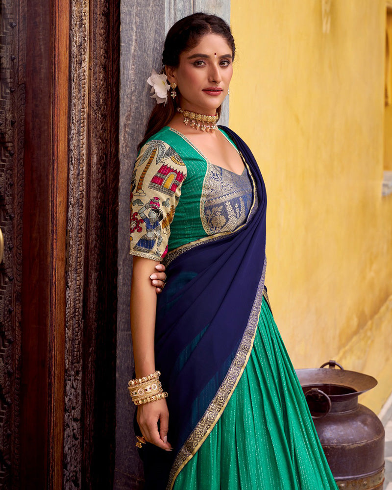 Bottle Green Color Poly Chanderi Printed Lehenga Choli - ETHNICDEAL