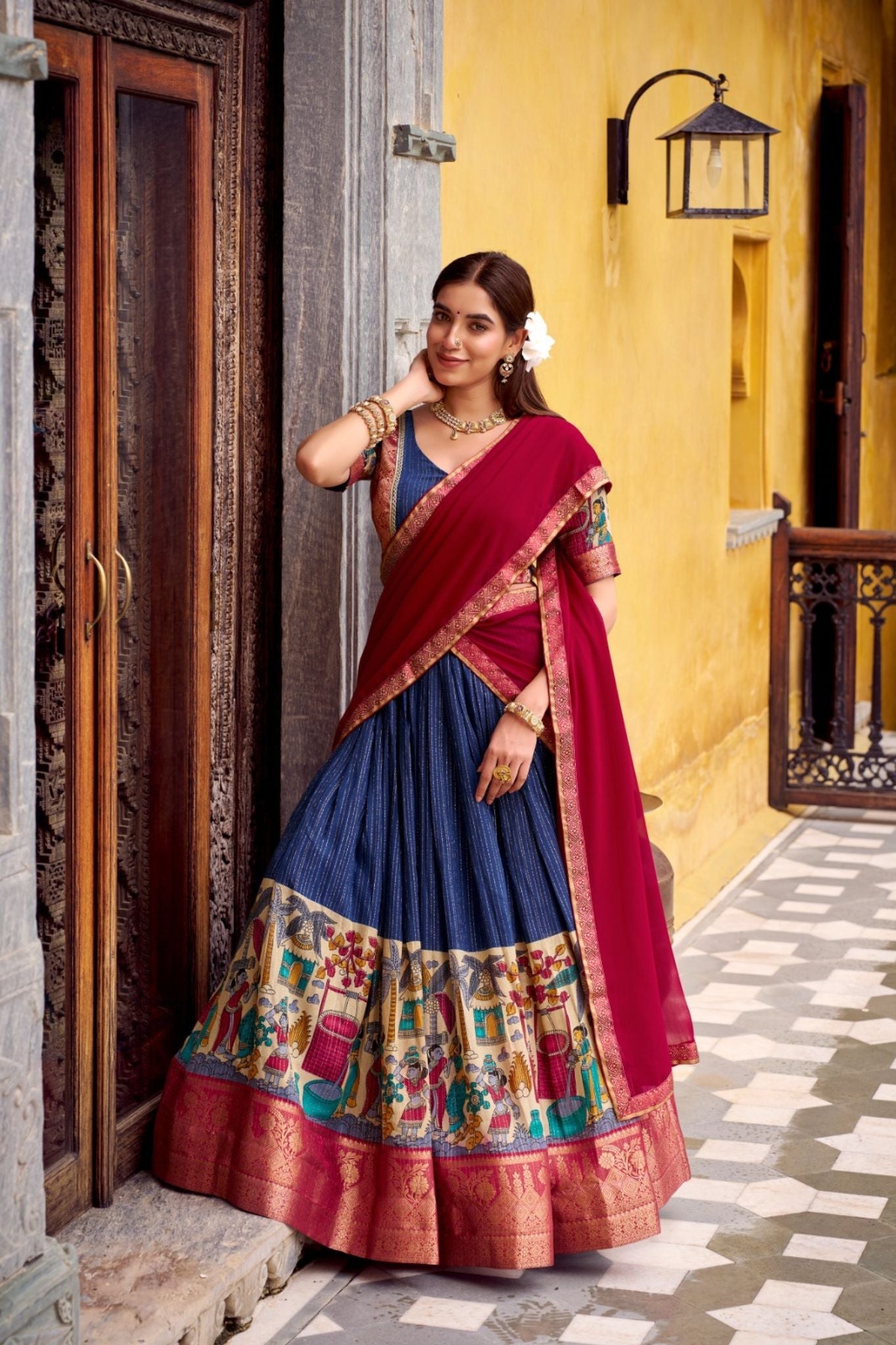 Poly Chanderi Kalamkari Printed Zari Weaving Work Premium Lehenga Choli - ETHNICDEAL