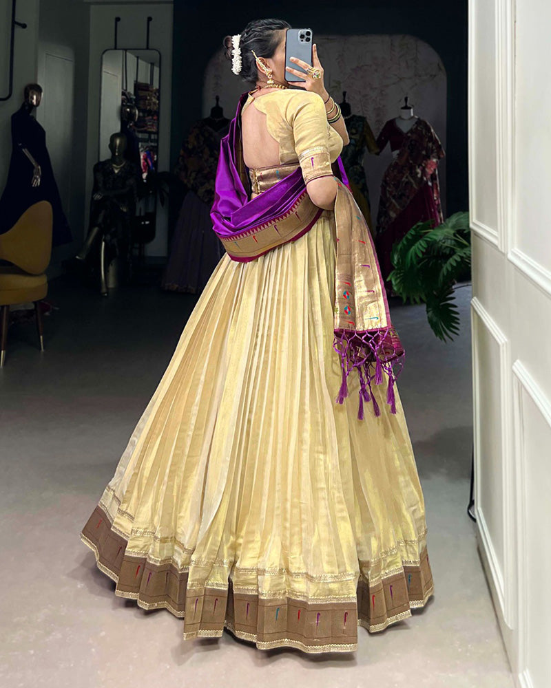 Cream Color Erode Paithani Silk Lehenga Choli - ETHNICDEAL