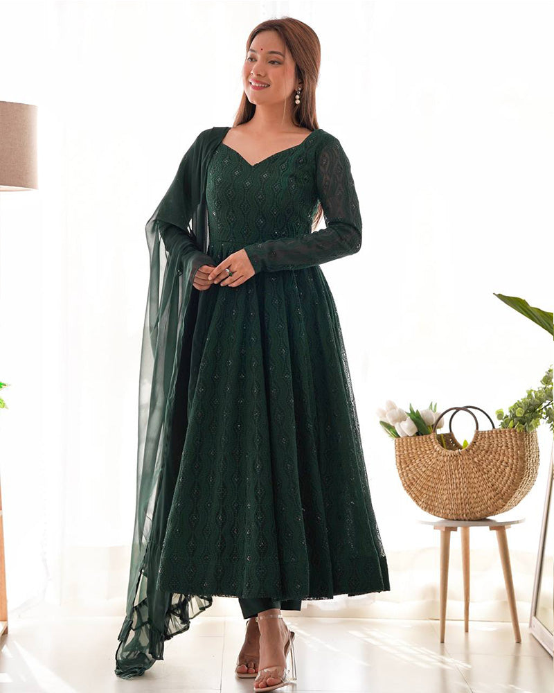 Green Color Georgette Lucknowi Three Piece Anarkali Suit - ETHNICDEAL