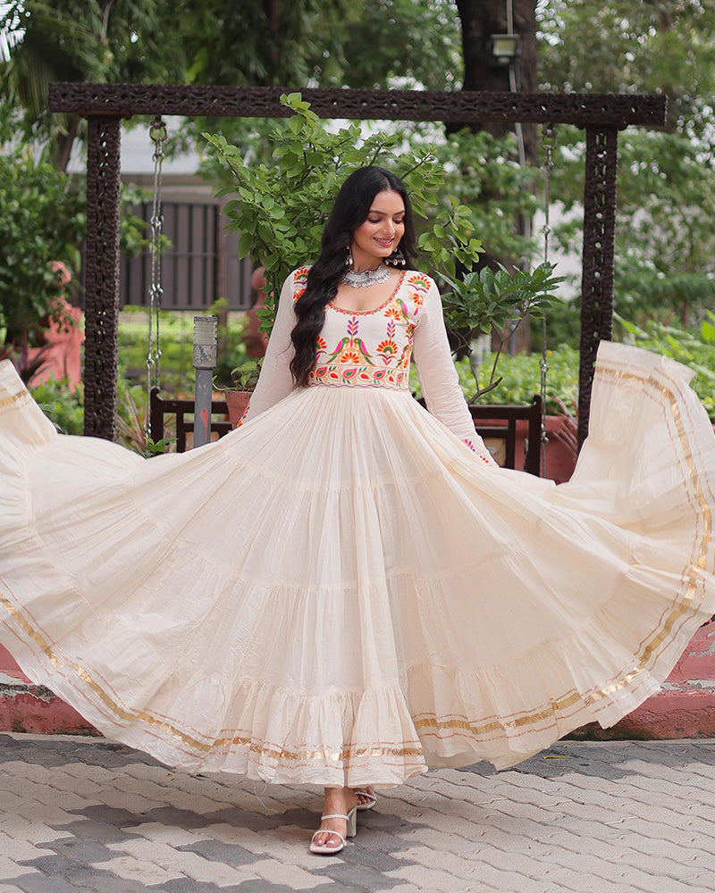 Off-White Kora Cotton Mirror-Embroidered Flared Navratri Gown - ETHNICDEAL