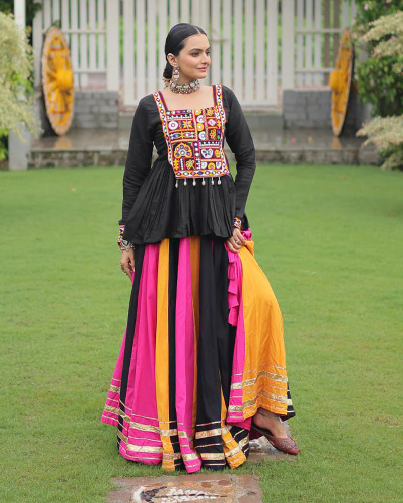 Yellow Pink Color Pure Cotton Navratri Lehenga Choli - ETHNICDEAL