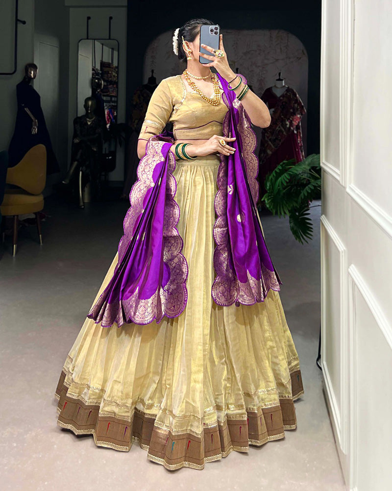 Cream Color Erode Paithani Silk Lehenga Choli - ETHNICDEAL
