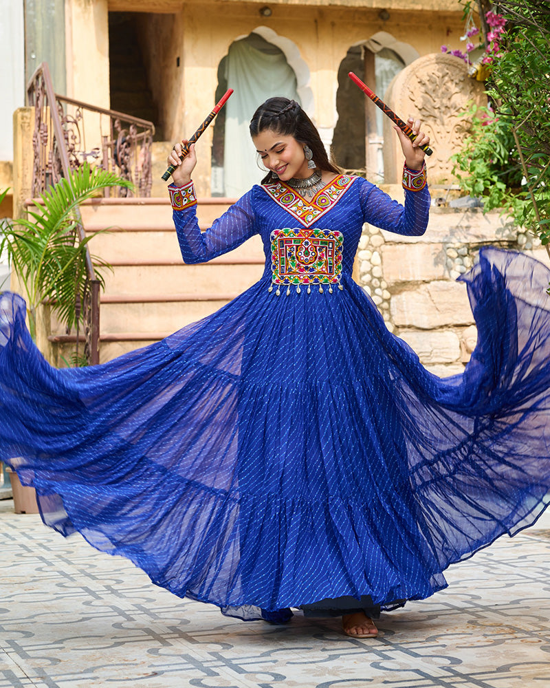 Vibrant Blue Kutchi Work Laheriya Printed Anarkali Gown - ETHNICDEAL