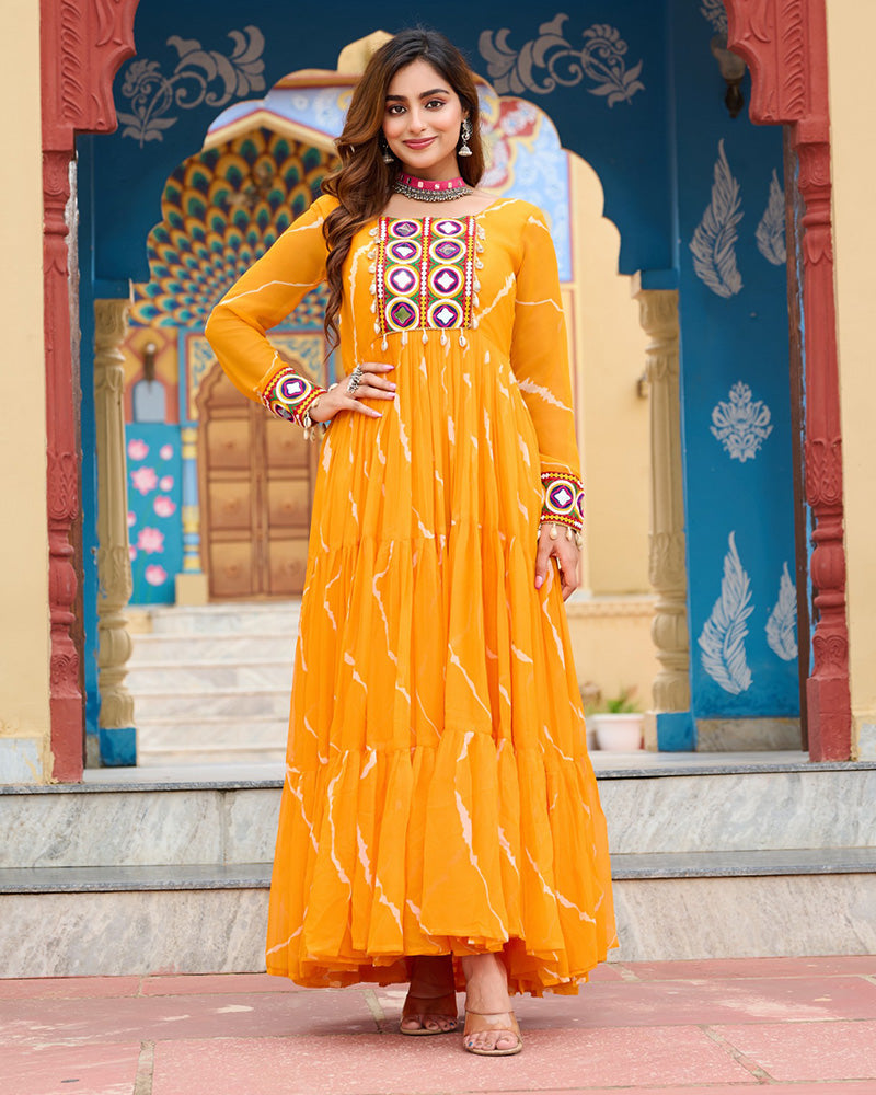 Yellow Color Georgette Laheriya Print Navratri Gown - ETHNICDEAL