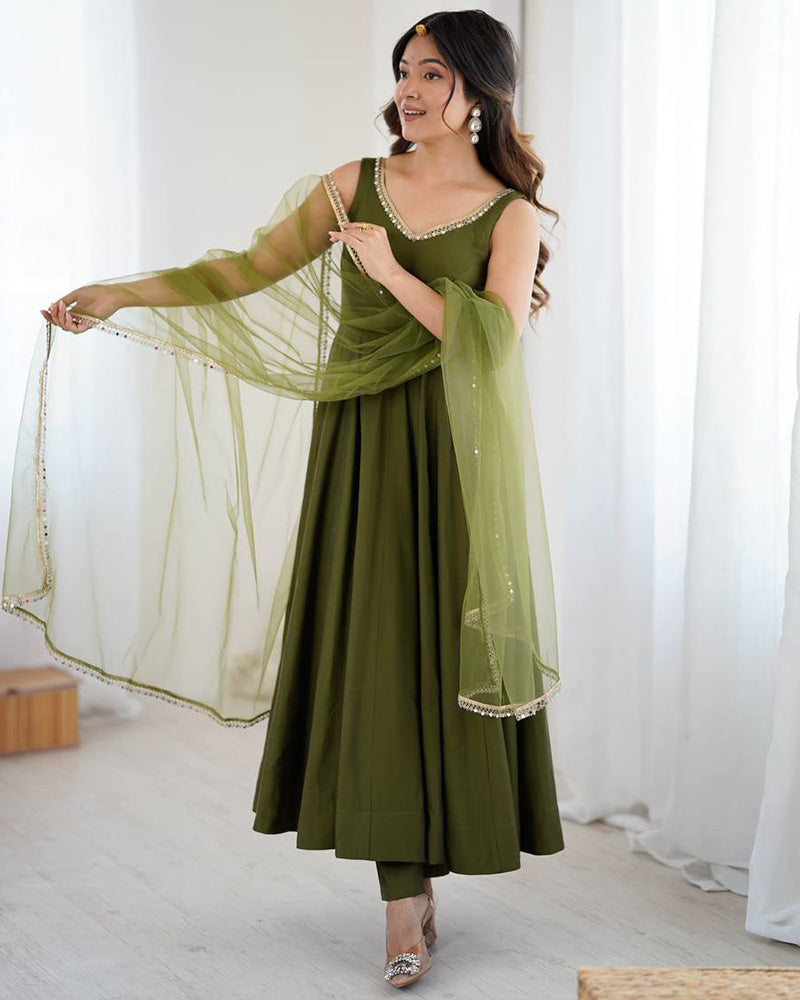 Lovely Mehendi Color Chanderi Pure Roman Silk Anarkali Suit - ETHNICDEAL