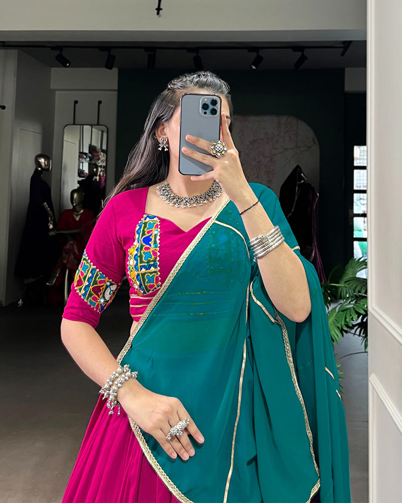 Designer Pink Rayon Lehenga Choli With Traditional Gamthi Patchwork - ETHNICDEAL