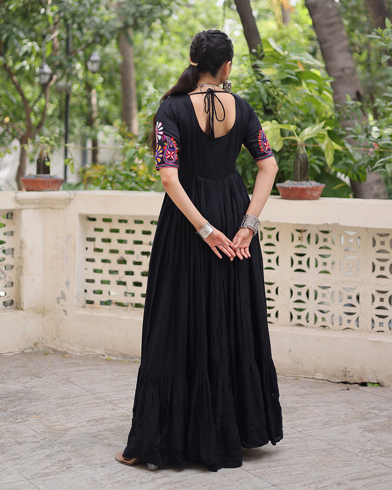 Black Rayon Kutchi Gamthi Embroidered Navratri Gown for Women - ETHNICDEAL