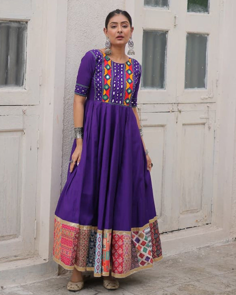 Colorful Border Purple Color Roman Silk Gamthi Work Navratri Gown - ETHNICDEAL
