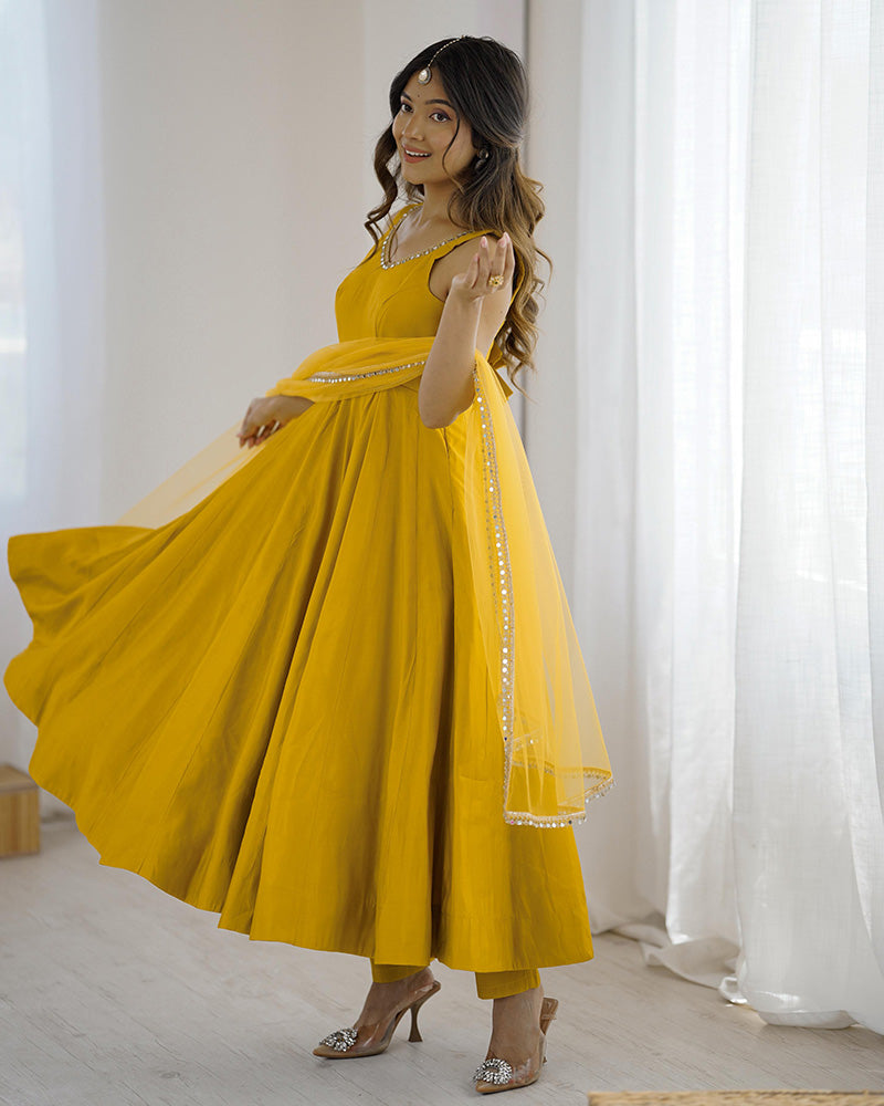 Yellow Color Chanderi Pure Roman Silk Anarkali Suit - ETHNICDEAL