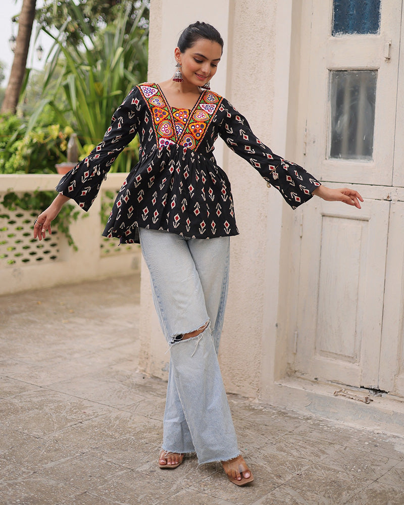 Festive Black Cotton Printed Navratri Kediya for Garba Wear - ETHNICDEAL