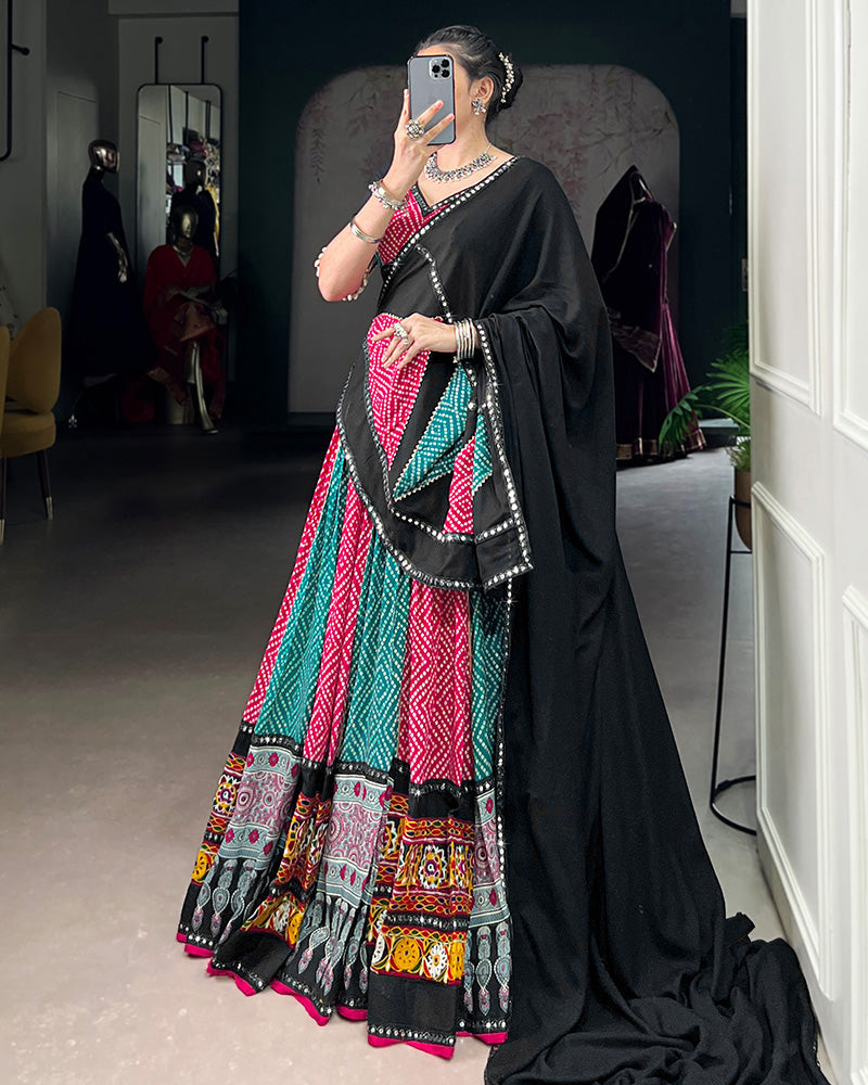 Sky And Pink Bandhej And Ajarakh Print Rayon Navratri Lehenga Choli - ETHNICDEAL