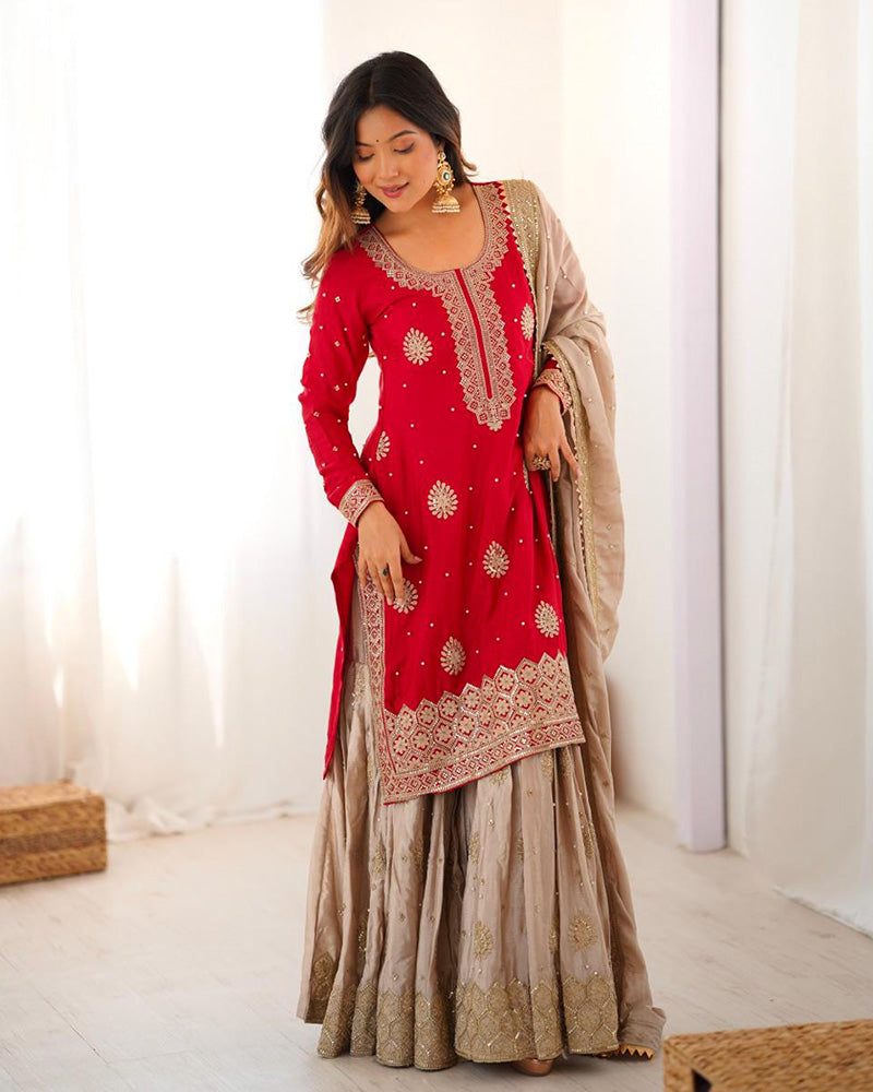 Red Color Chinon Silk Embroidered Sharara Suit - ETHNICDEAL