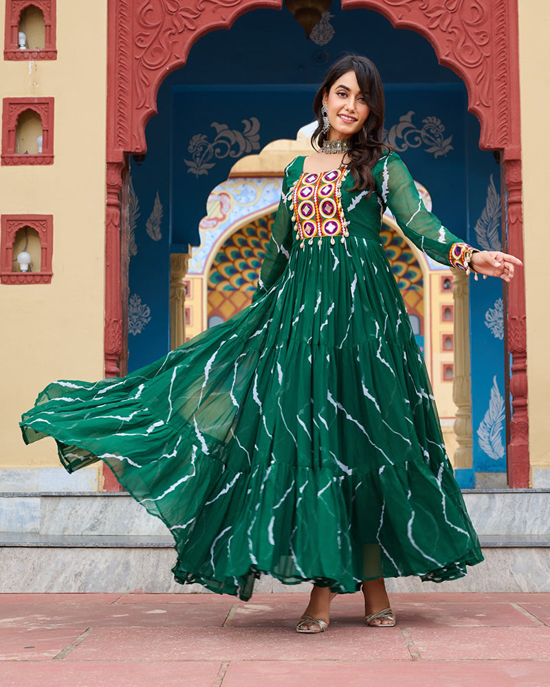 Green Color Georgette Laheriya Print Navratri Gown - ETHNICDEAL