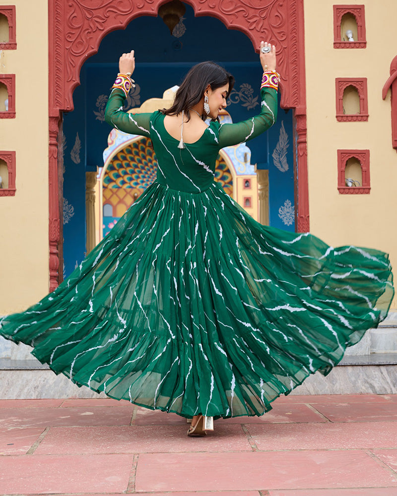 Green Color Georgette Laheriya Print Navratri Gown - ETHNICDEAL