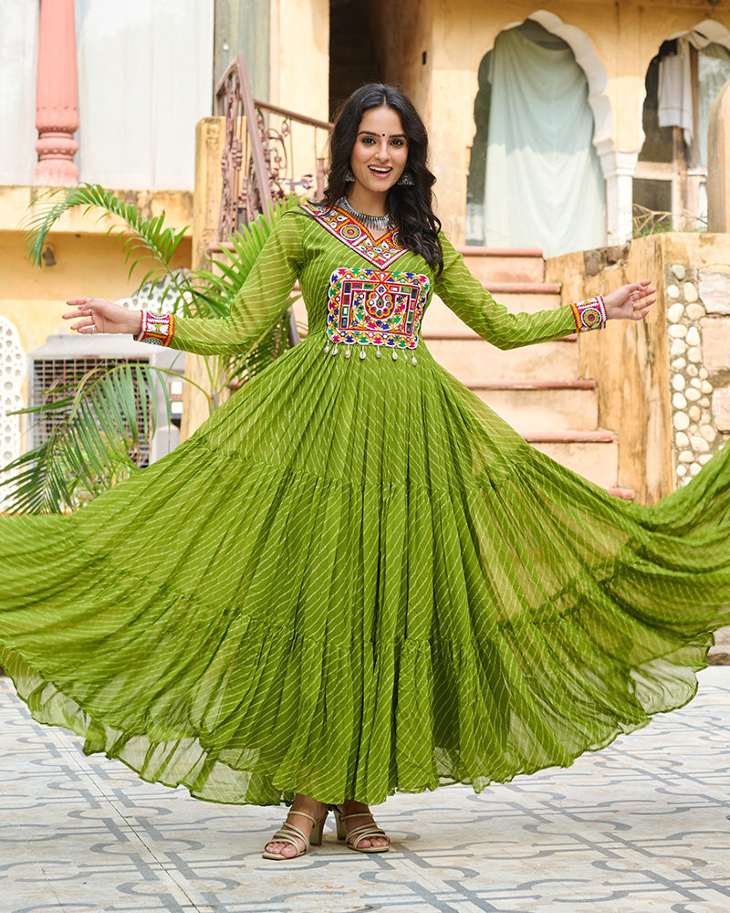 Vibrant Parrot Green Kutchi Work Laheriya Printed Anarkali Gown - ETHNICDEAL