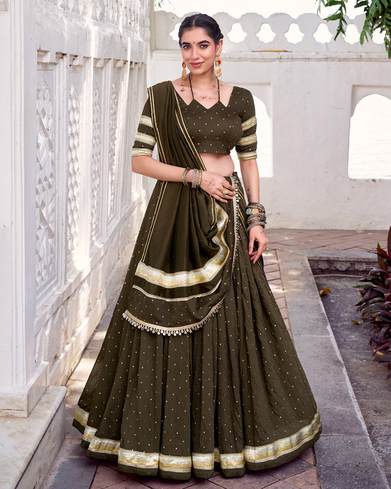 Designer Mehndi Pure Chanderi Lehenga Choli for Navratri Festival - ETHNICDEAL