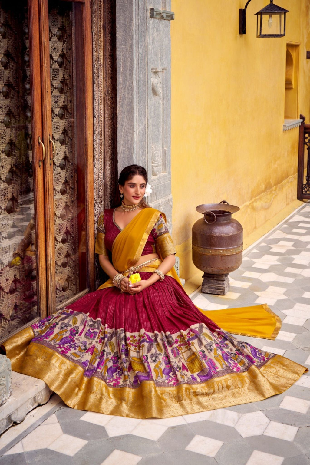 Poly Chanderi Kalamkari Printed Zari Weaving Work Premium Lehenga Choli - ETHNICDEAL