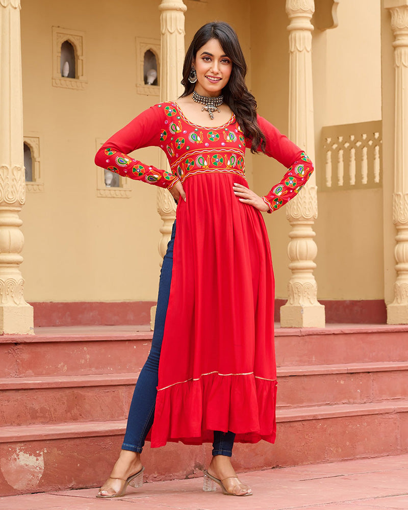Designer Red Pure Rayon Embroidered Kurti for Navratri Festival - ETHNICDEAL