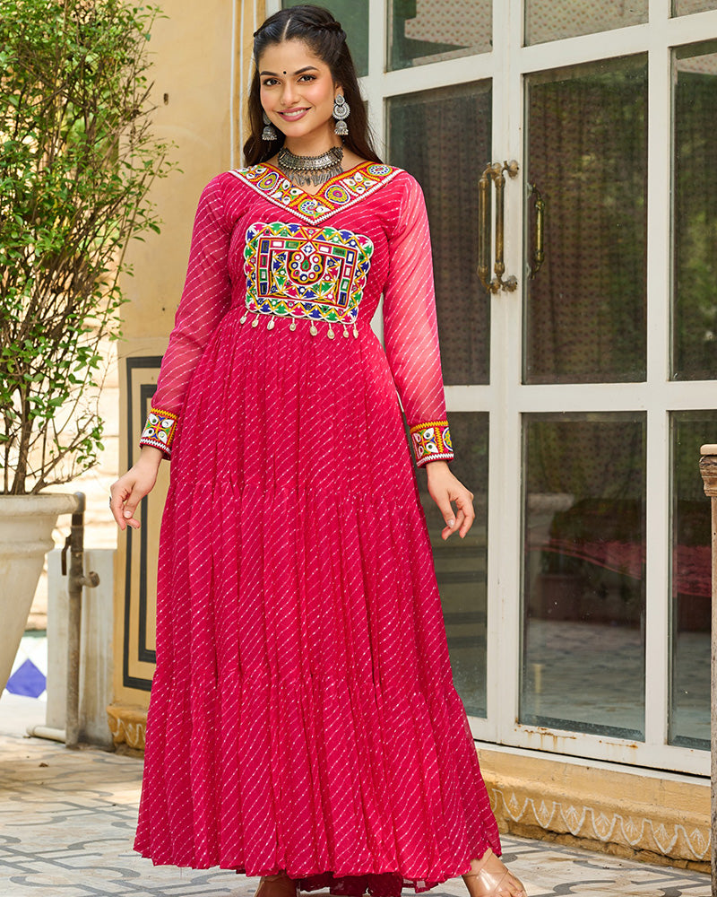 Vibrant Pink Kutchi Work Laheriya Printed Anarkali Gown - ETHNICDEAL