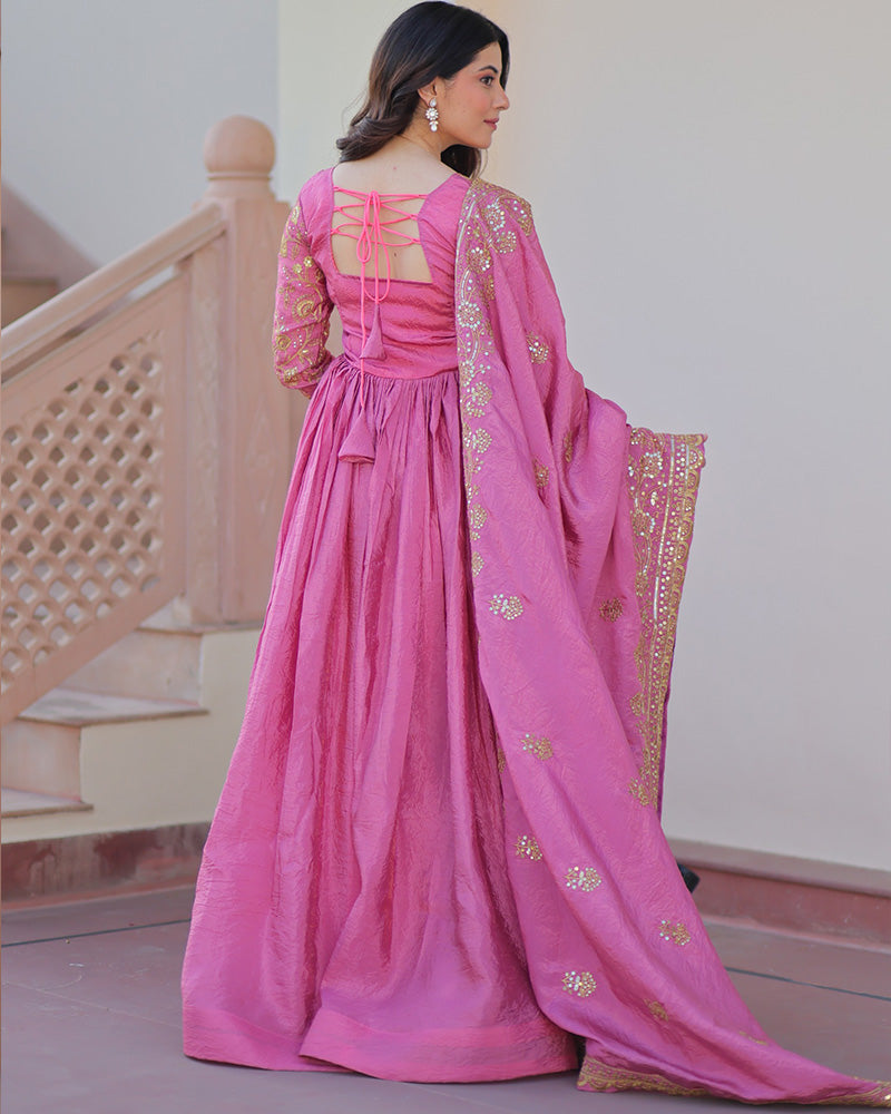 Pink Color Gold Crush Embroidered Work Gown - ETHNICDEAL