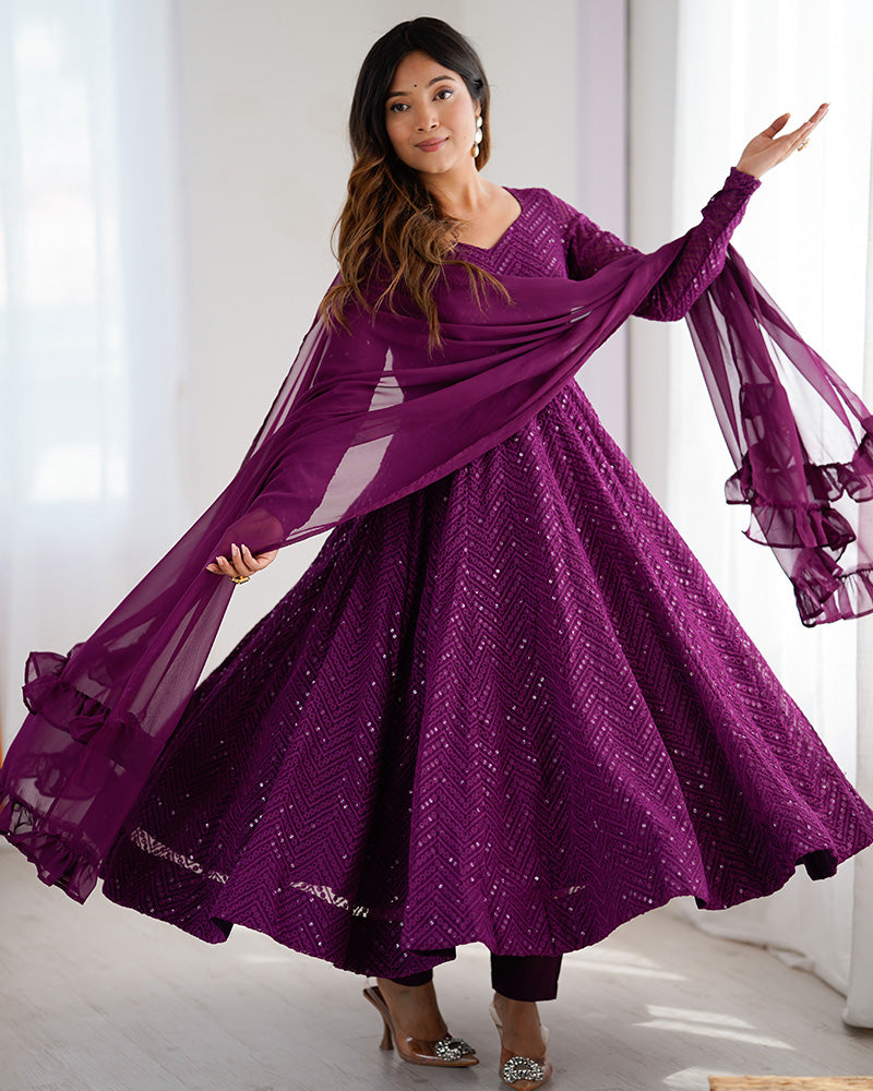 Wine Color Georgette Lucknowi Three Piece Anarkali Suit - ETHNICDEAL
