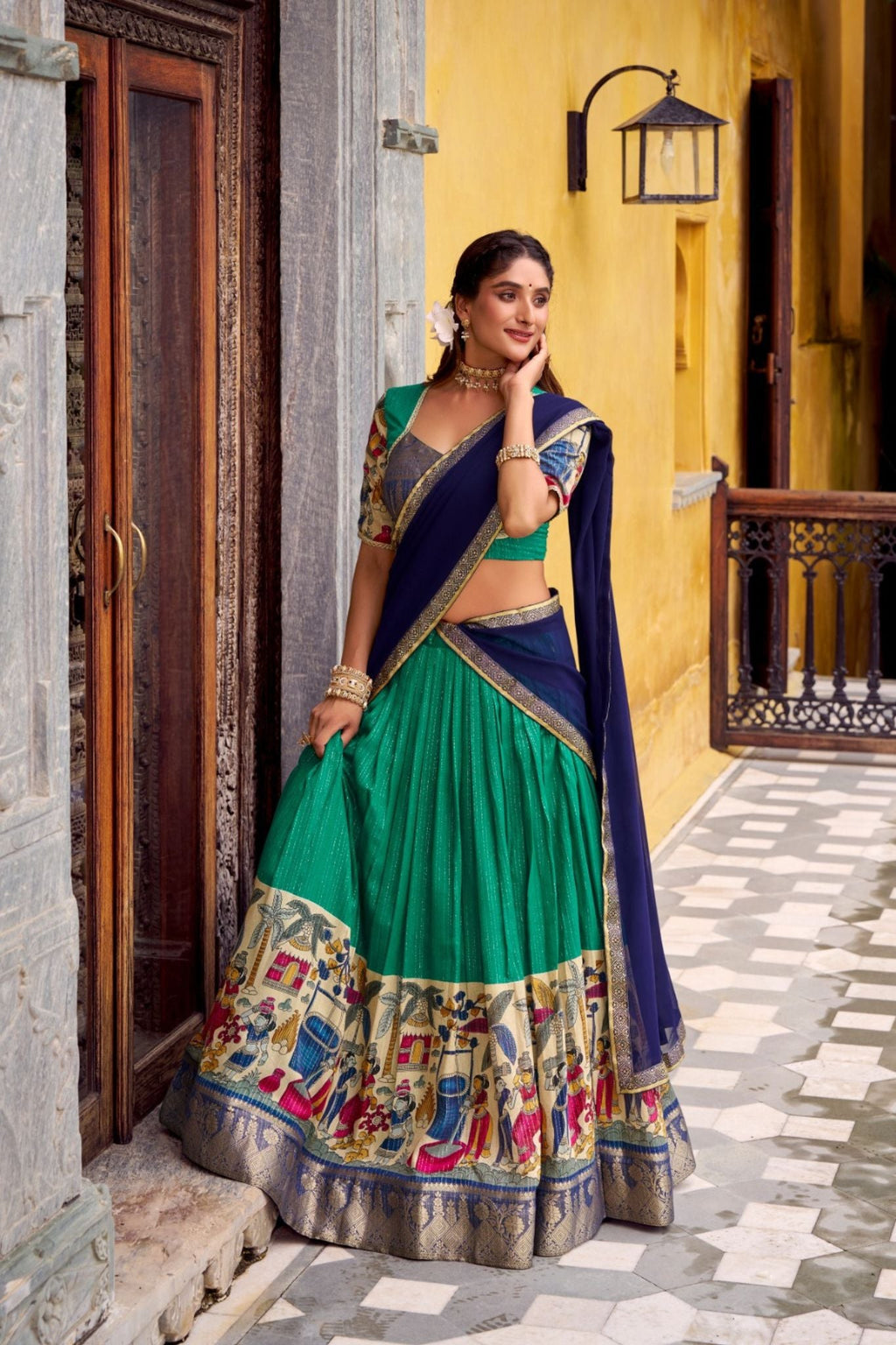 Poly Chanderi Kalamkari Printed Zari Weaving Work Premium Lehenga Choli - ETHNICDEAL