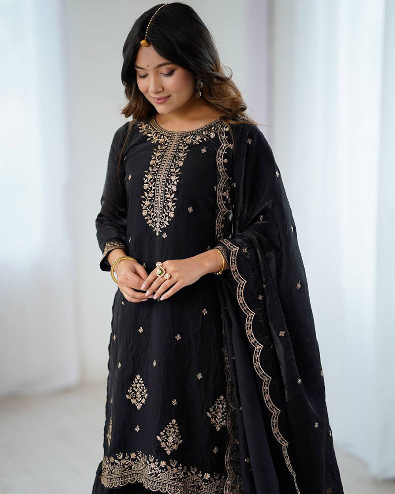 Black Color Crunchy Silk Sharara Suit - ETHNICDEAL