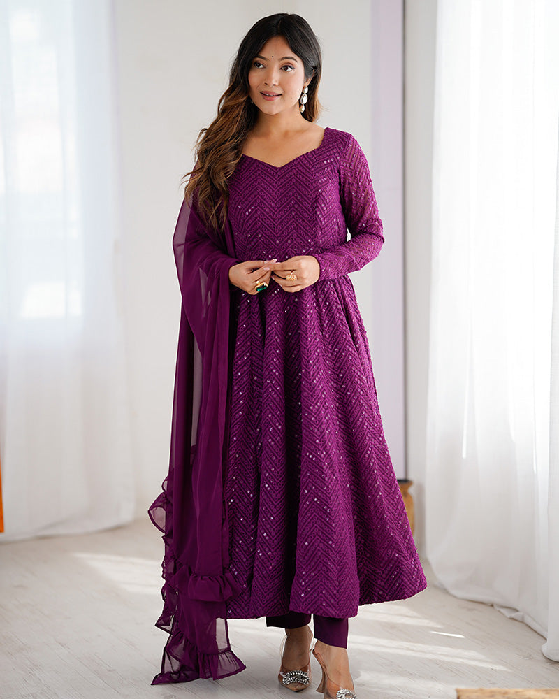 Wine Color Georgette Lucknowi Three Piece Anarkali Suit - ETHNICDEAL