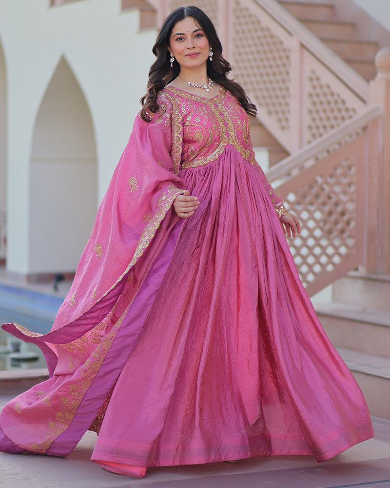 Pink Color Gold Crush Embroidered Work Gown - ETHNICDEAL