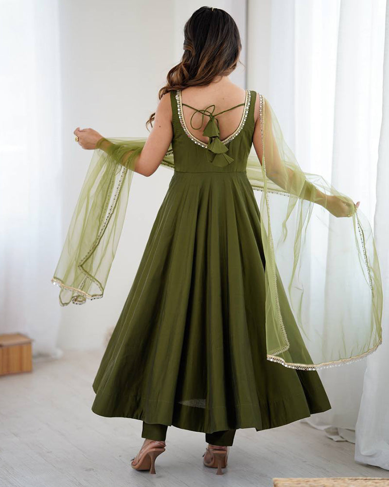 Lovely Mehendi Color Chanderi Pure Roman Silk Anarkali Suit - ETHNICDEAL