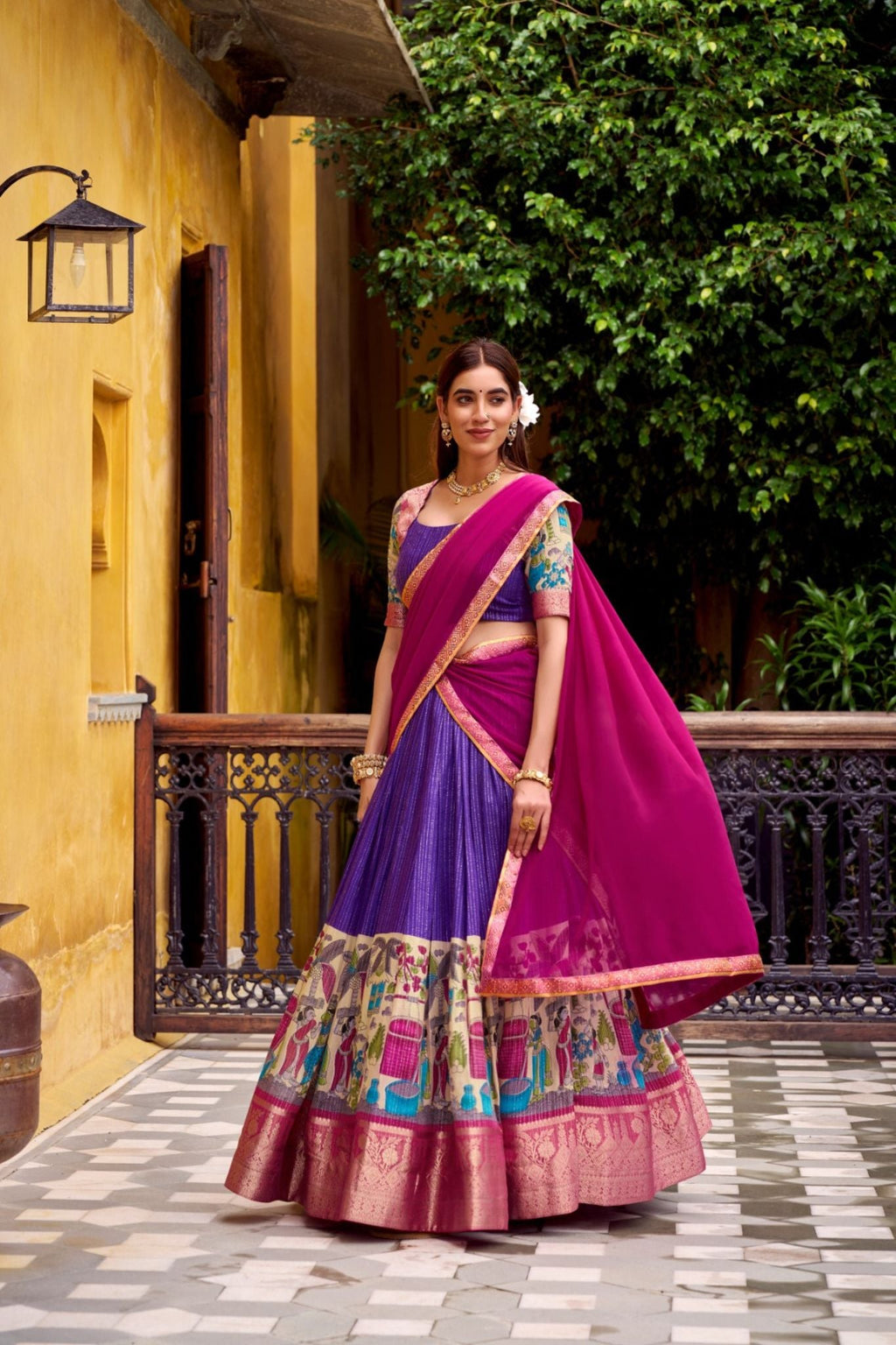 Poly Chanderi Kalamkari Printed Zari Weaving Work Premium Lehenga Choli - ETHNICDEAL