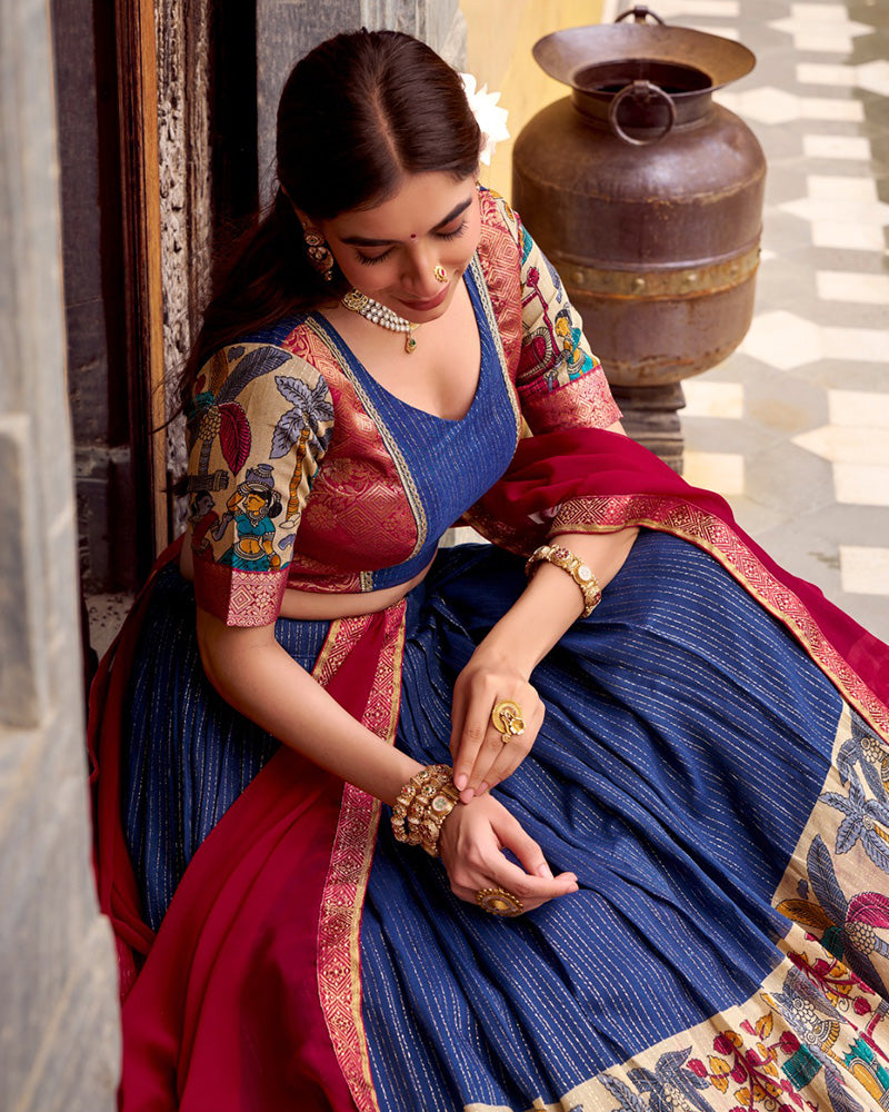 Navy Blue Color Poly Chanderi Printed Lehenga Choli - ETHNICDEAL