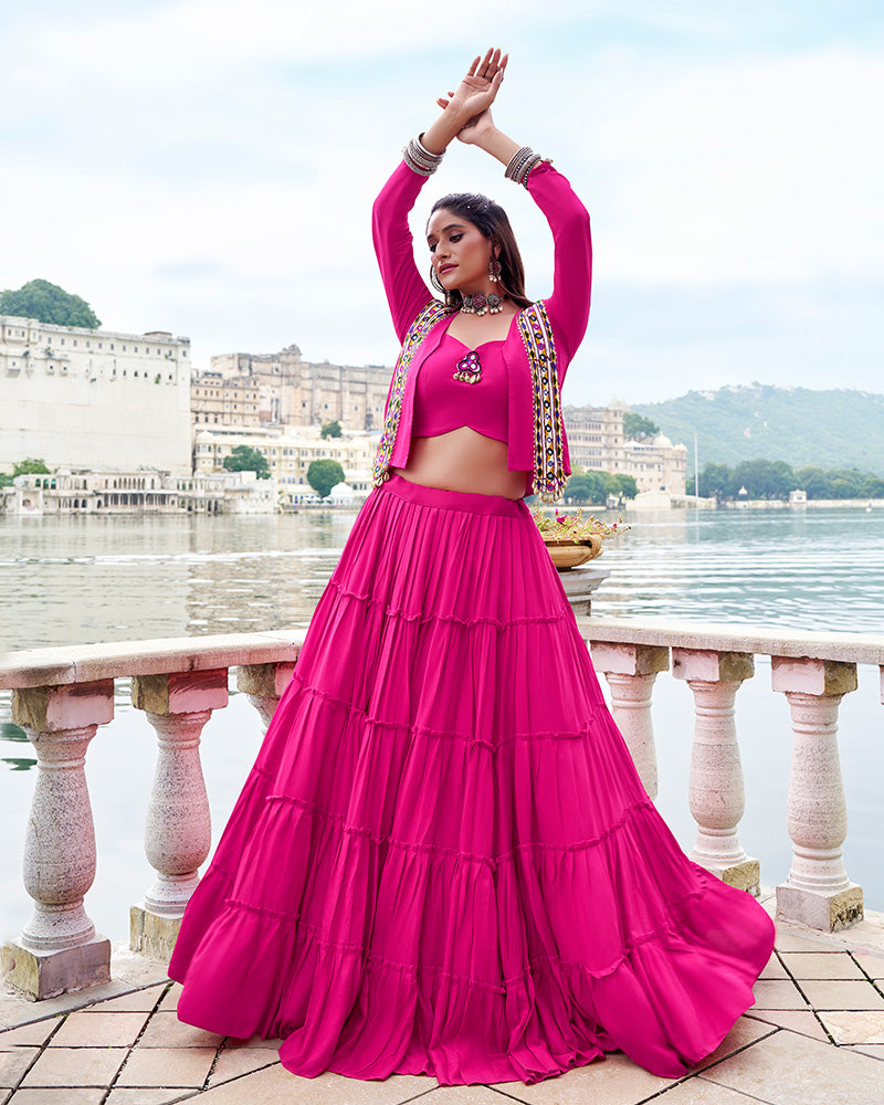 Traditional Pink Rayon Lehenga Choli for Navratri and Garba - ETHNICDEAL