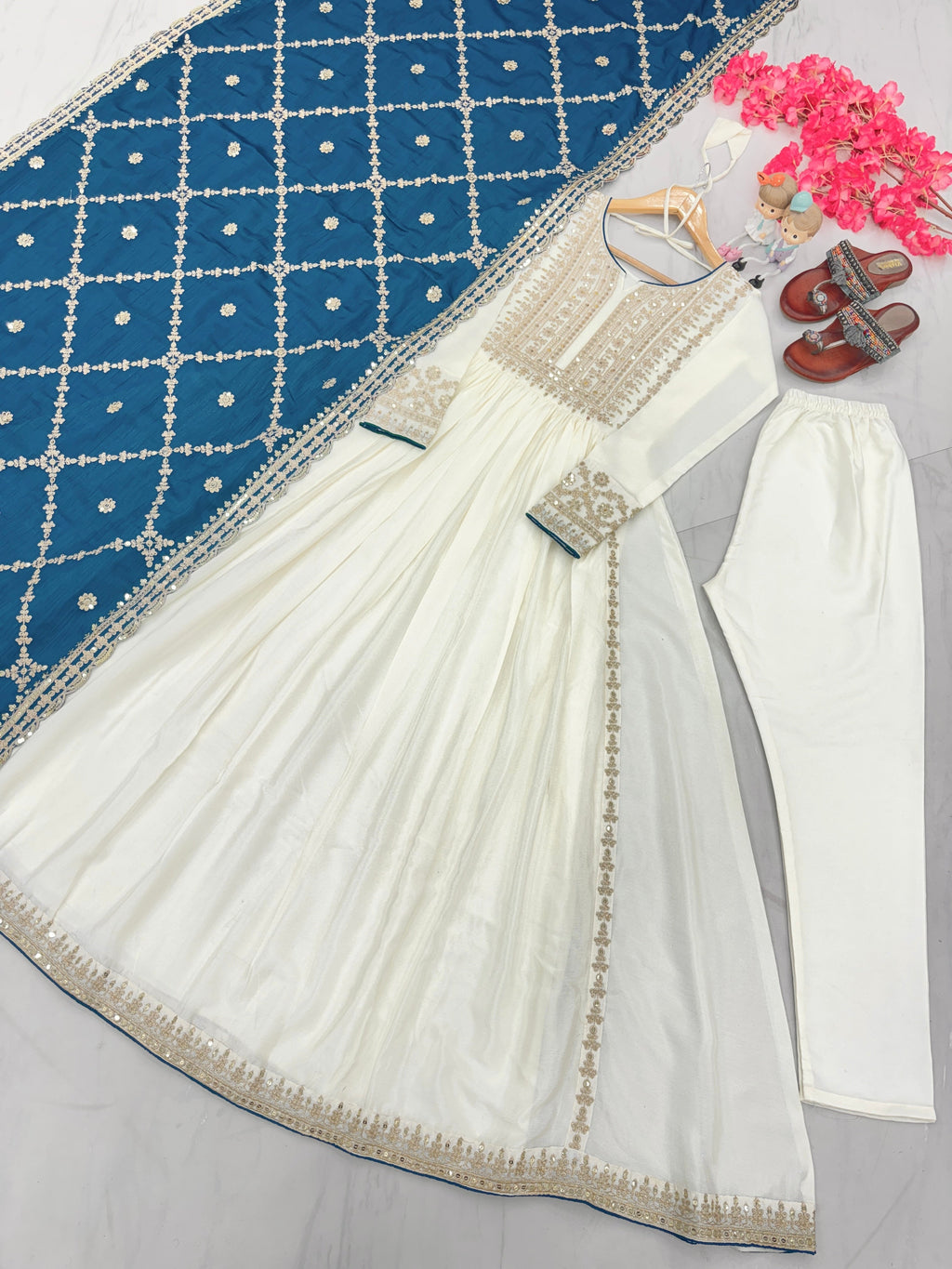 Magnificent Pure Chinon Silk Sequins Embroidered Anarkali Pant Suit - Ethnicwish