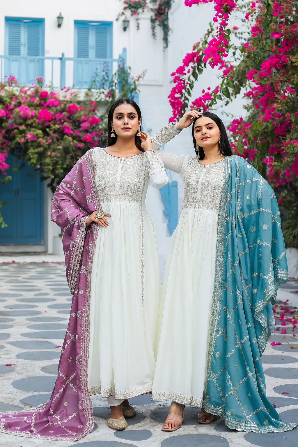 Magnificent Pure Chinon Silk Sequins Embroidered Anarkali Pant Suit - Ethnicwish