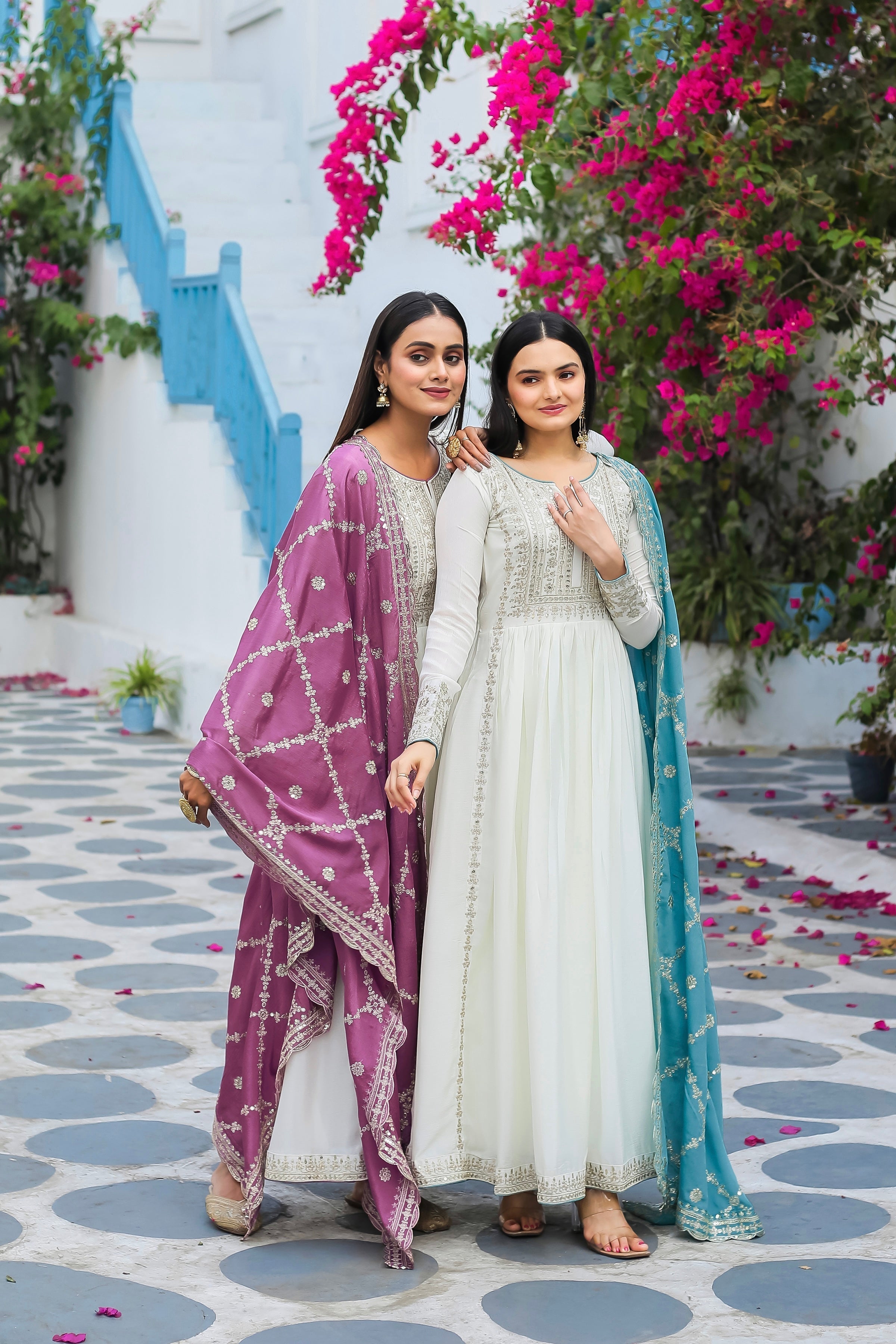 Magnificent Pure Chinon Silk Sequins Embroidered Anarkali Pant Suit - Ethnicwish