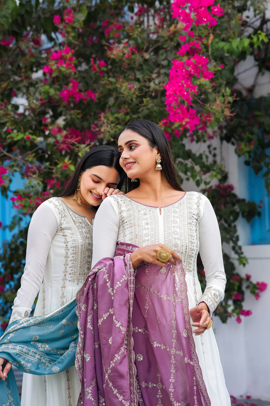 Magnificent Pure Chinon Silk Sequins Embroidered Anarkali Pant Suit - Ethnicwish